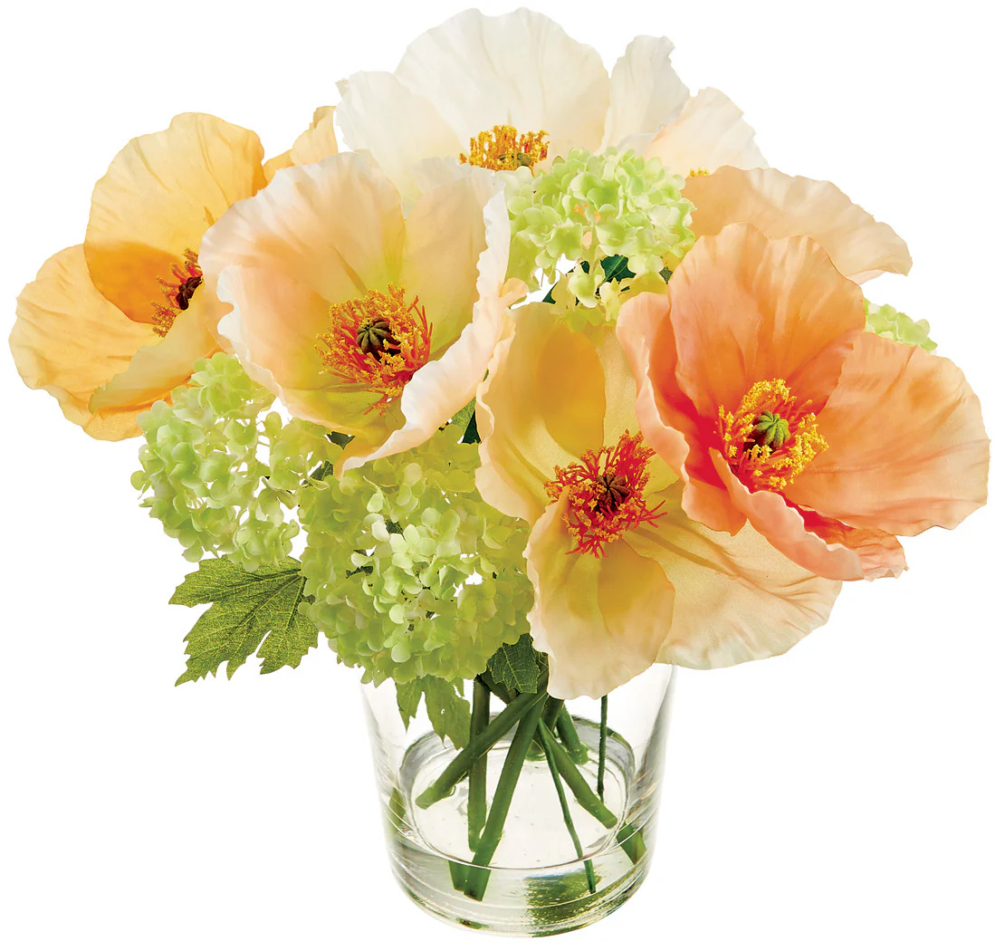 Faux Poppy/Snowball Arrangement in Glass Vase Mixed - 11.5 inch