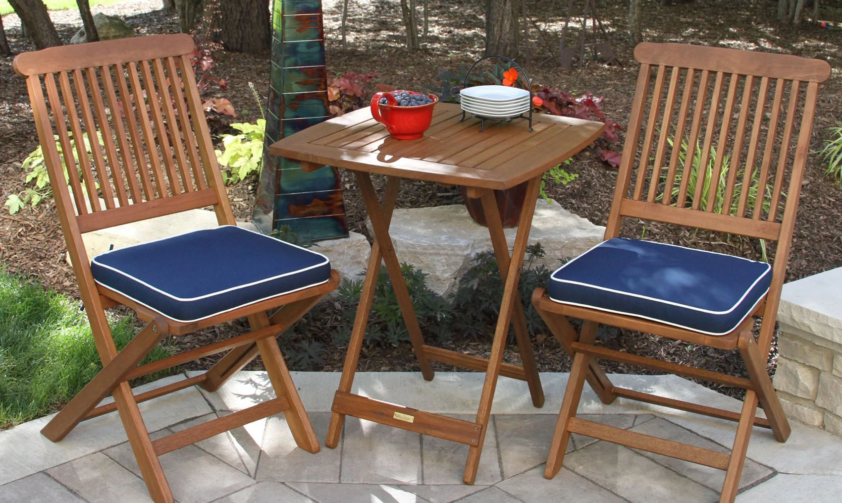 3pc. Square Bistro Set with Blue Cushions - Image 2