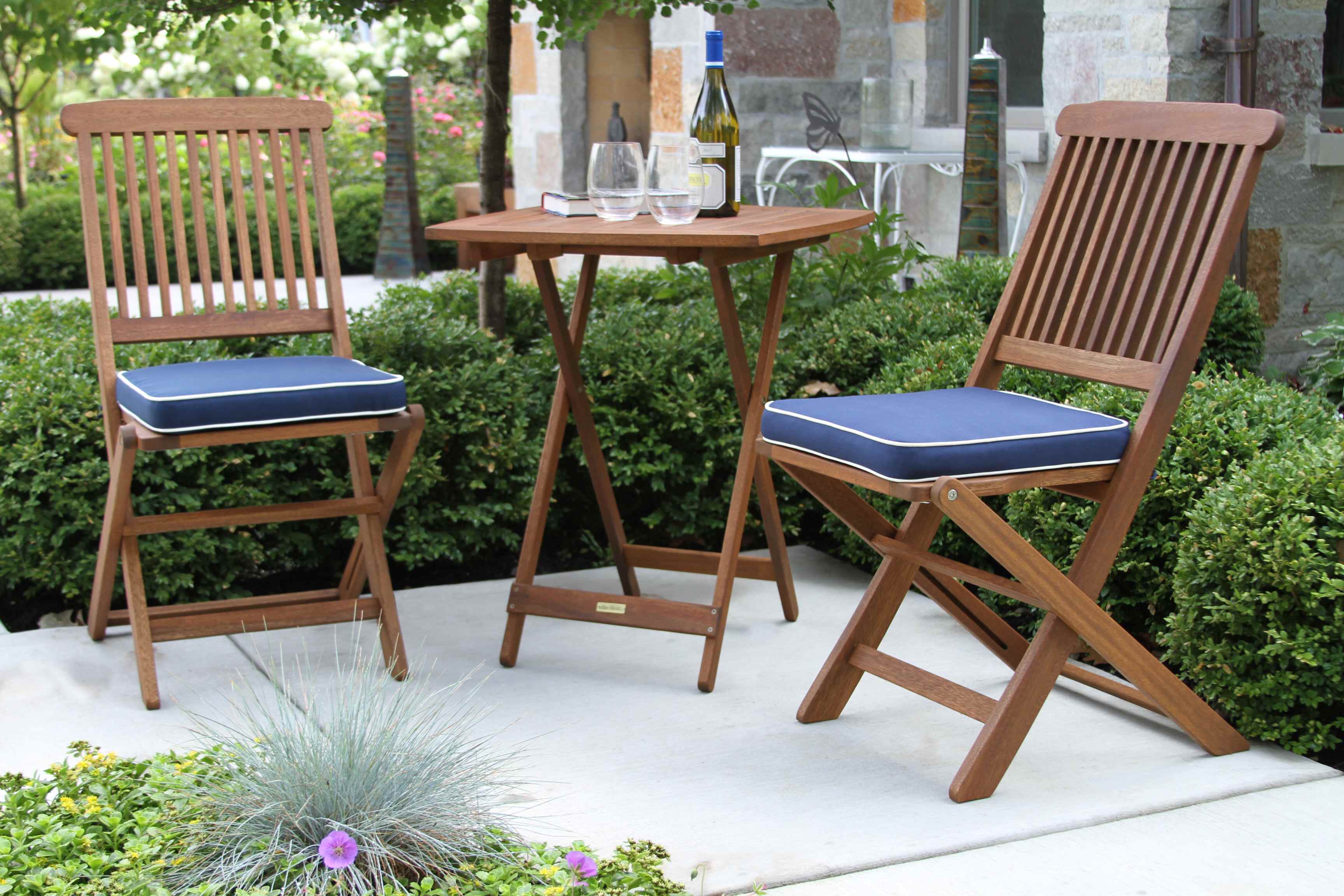 3pc. Square Bistro Set with Blue Cushions - Image 3