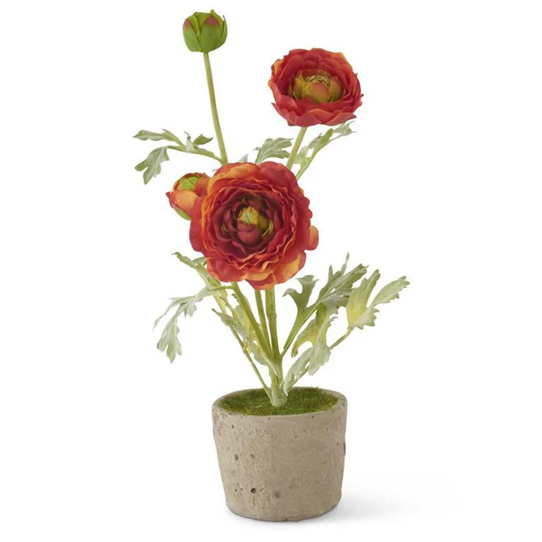 Faux 14.75" Orange Ranunculus In Clay Pot